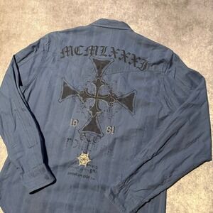 Y2K Guess Men's XXL Blue Long Sleeve Button Up Shirt Cross Graphic Western Style